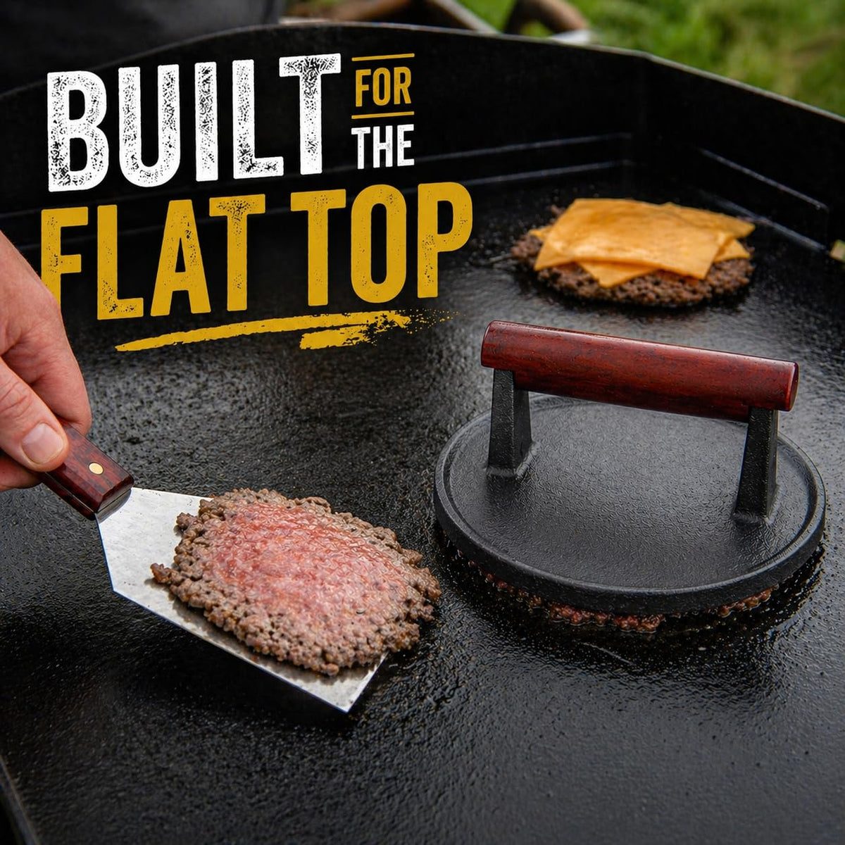 IAN's Smash Burger Press 6.5-inch size fits standard buns for quick meals.
