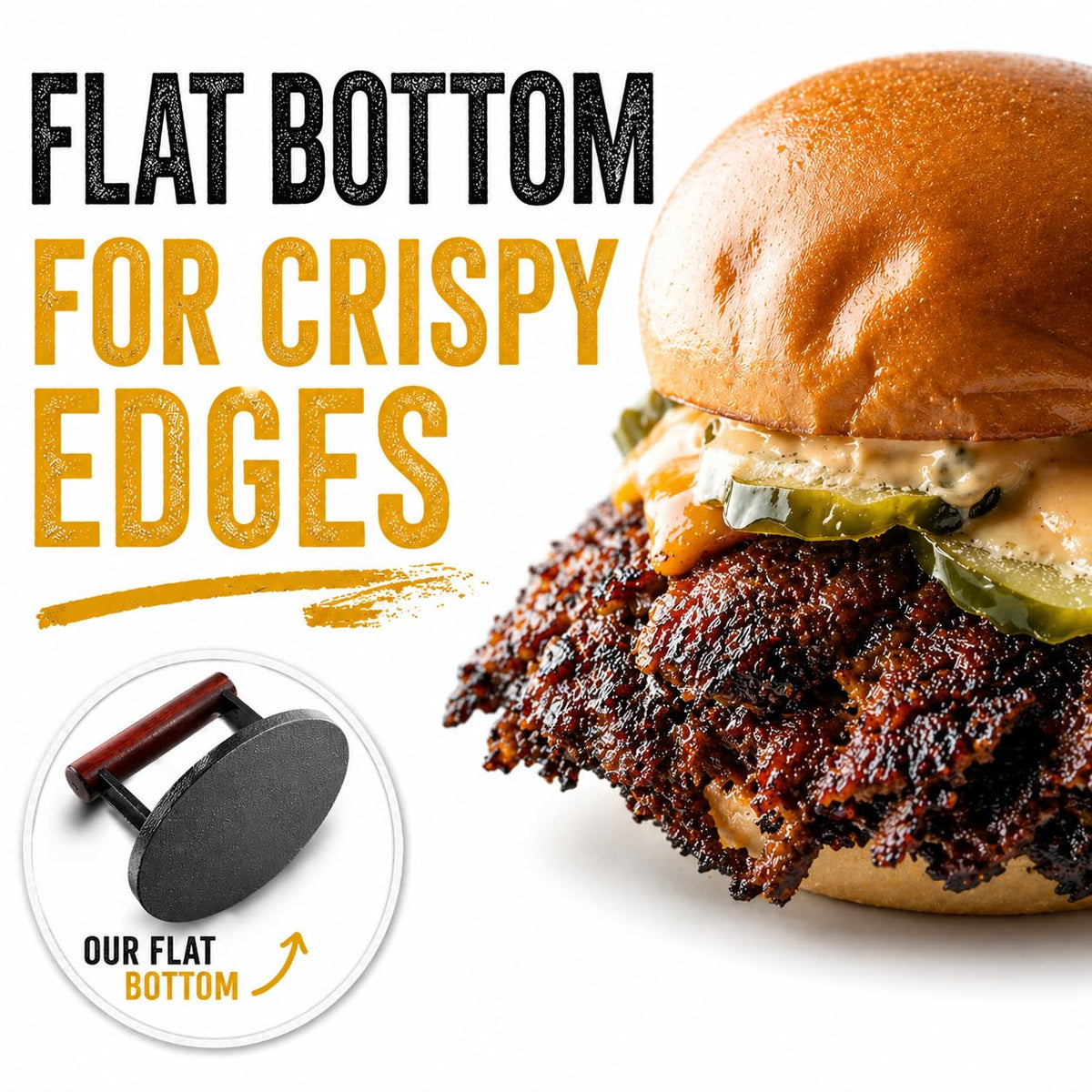IAN's Smash Burger Press close-up captures even pressure for a crisp crust.