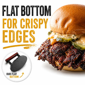 IAN's Smash Burger Press close-up captures even pressure for a crisp crust.