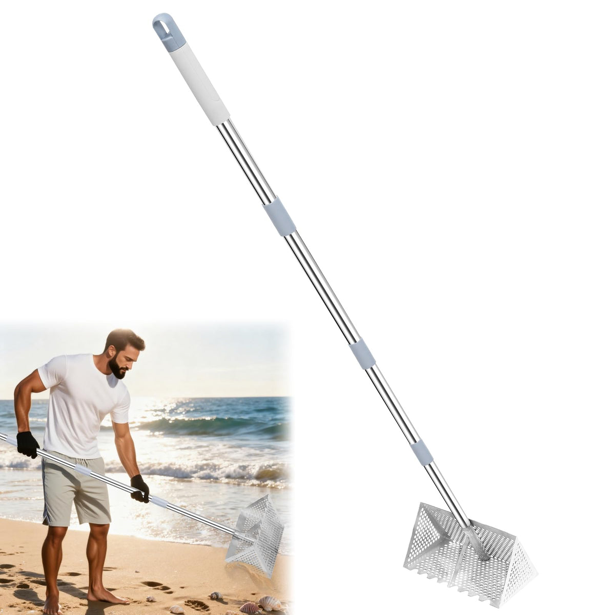 IAOVAW Sand Flea Rake with 65-inch handle, ideal for standing digging on beach trips