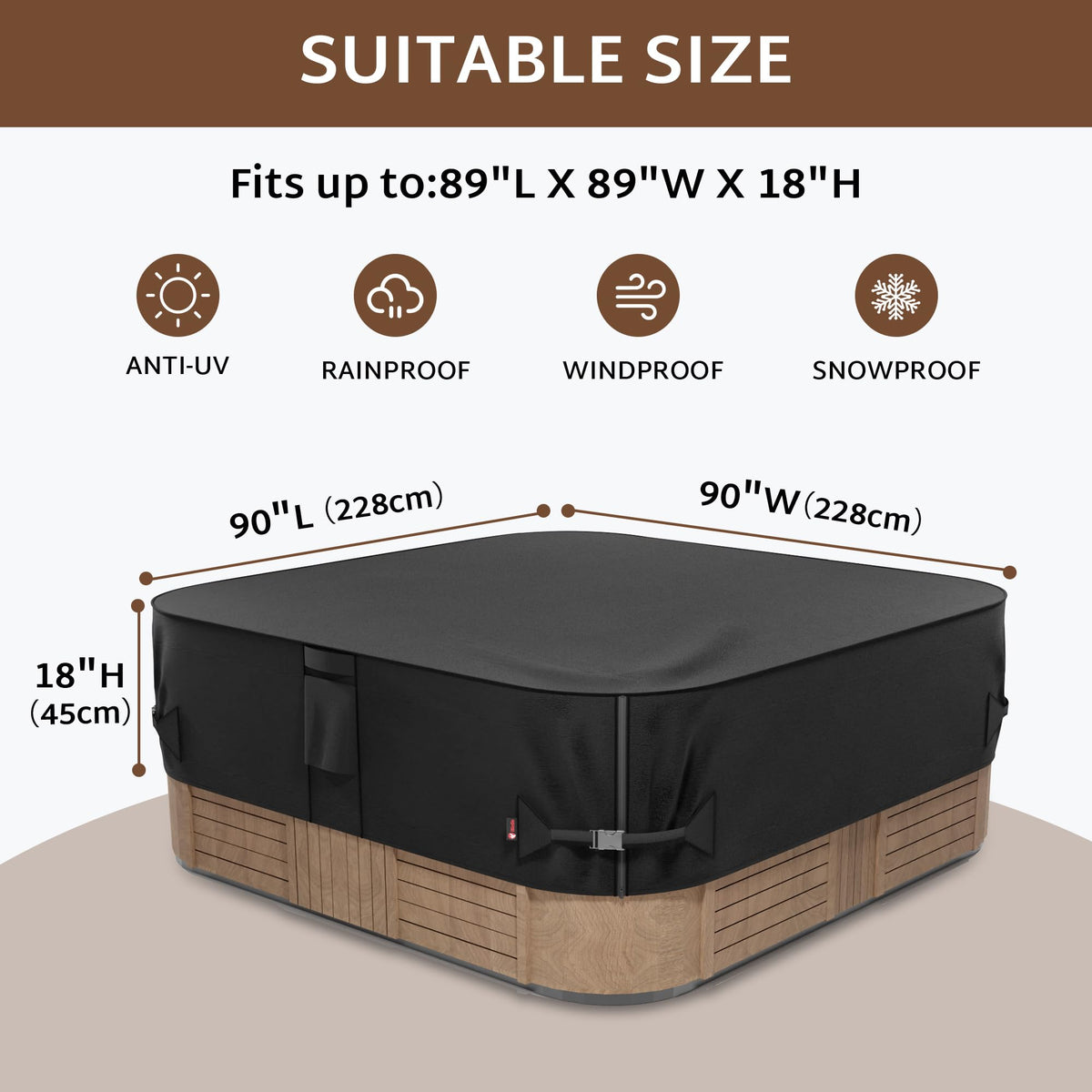 iBirdie hot tub cover side view highlights sturdy 600D fabric and durable construction.