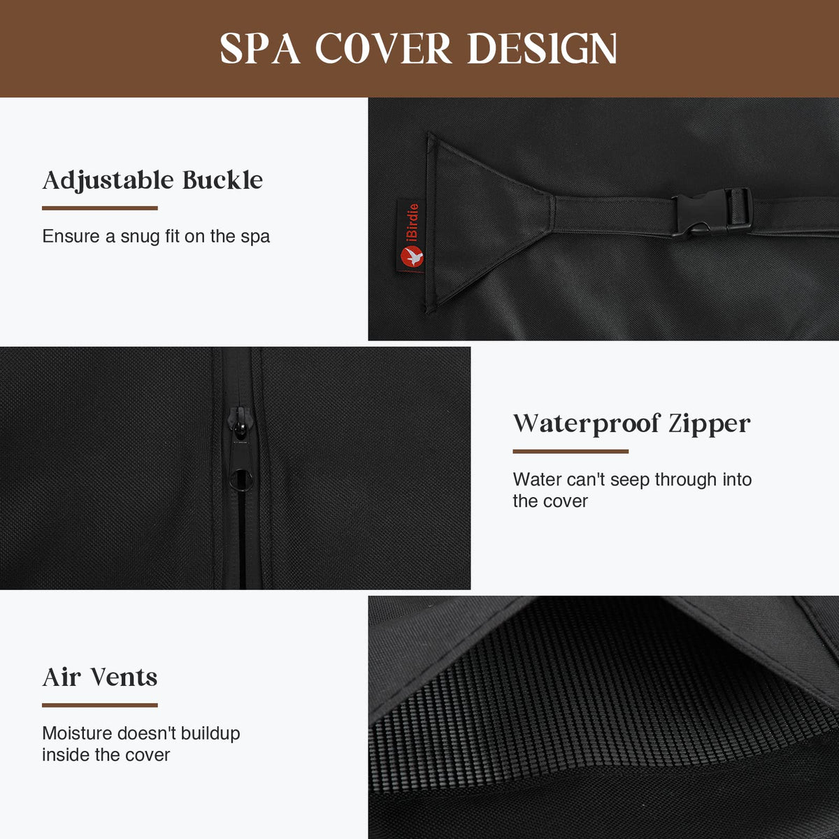 iBirdie cover secure-fit design with waterproof zippers keeps spa protected.