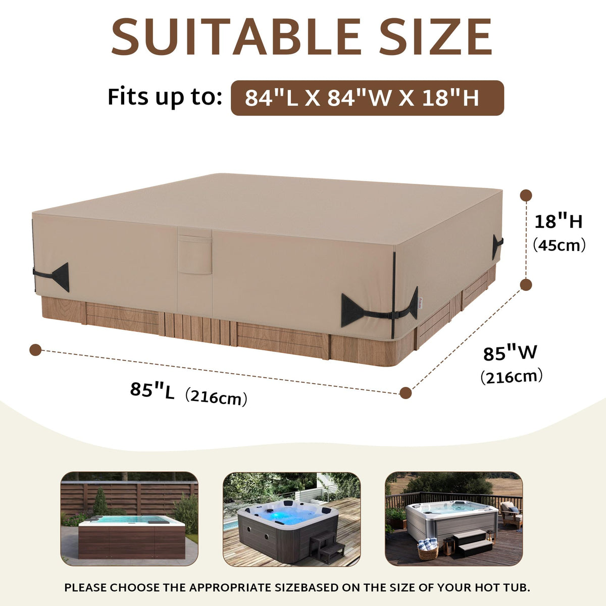 iBirdie 85x85 outdoor hot tub cover side view shows secure wind resistant fit