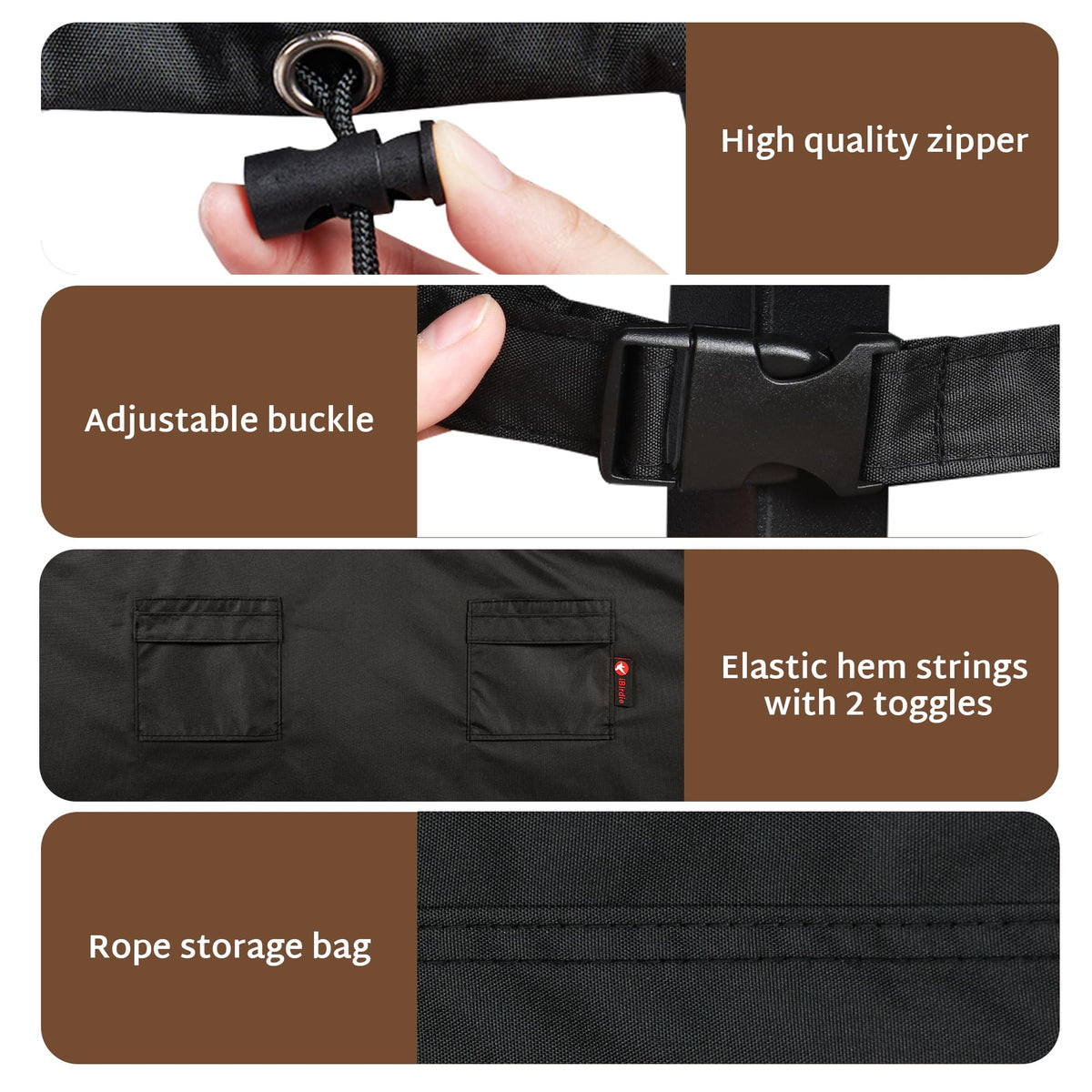 iBirdie adjustable-drawstrings and straps keep the cover secure.