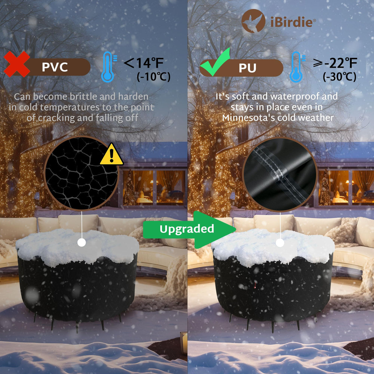 iBirdie round fire pit cover demonstrates drawstring for snug fit