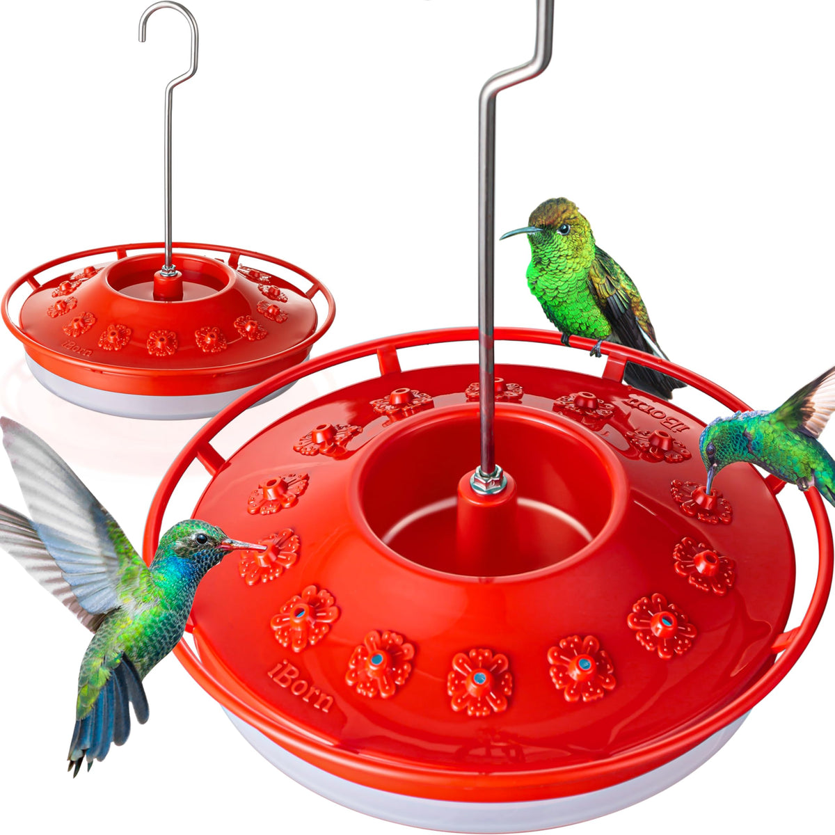 iBorn Hummingbird Feeder with Ant Moat protects nectar outdoors.