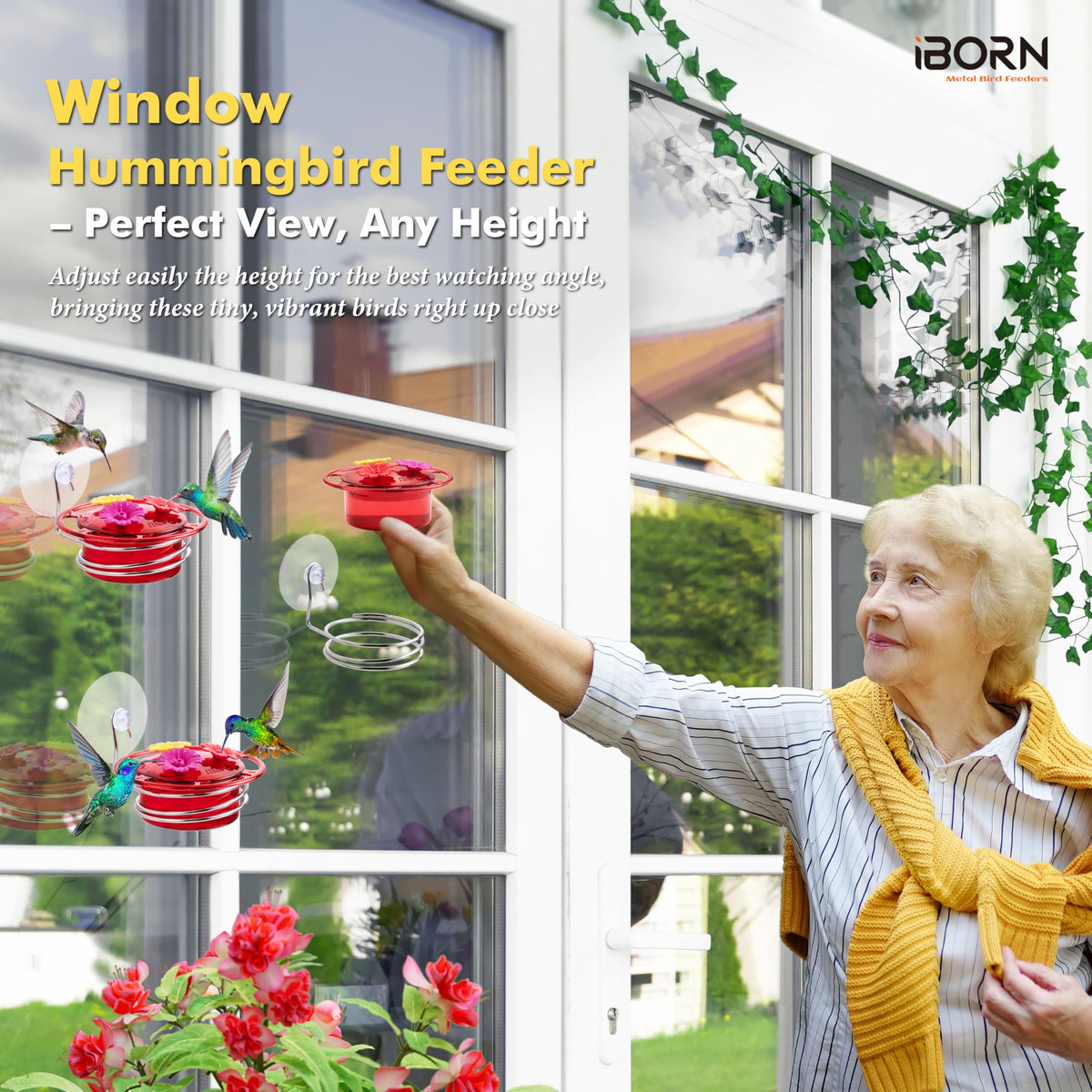 iBorn three-port hummingbird feeder attracting multiple birds to your garden