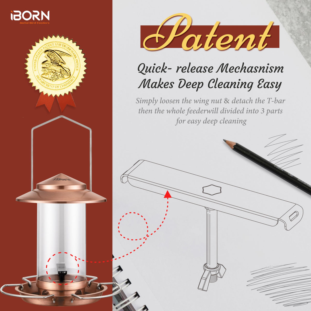 iBorn bird feeder holds 1.5 lb seed without frequent refills.