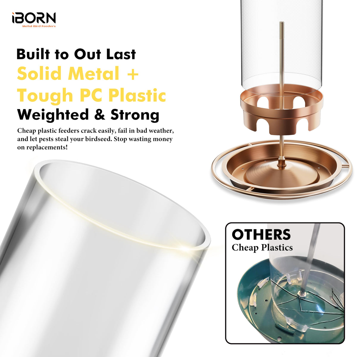 iBorn large capacity 2.2lb feeder maintains steady seed supply for backyard birds.