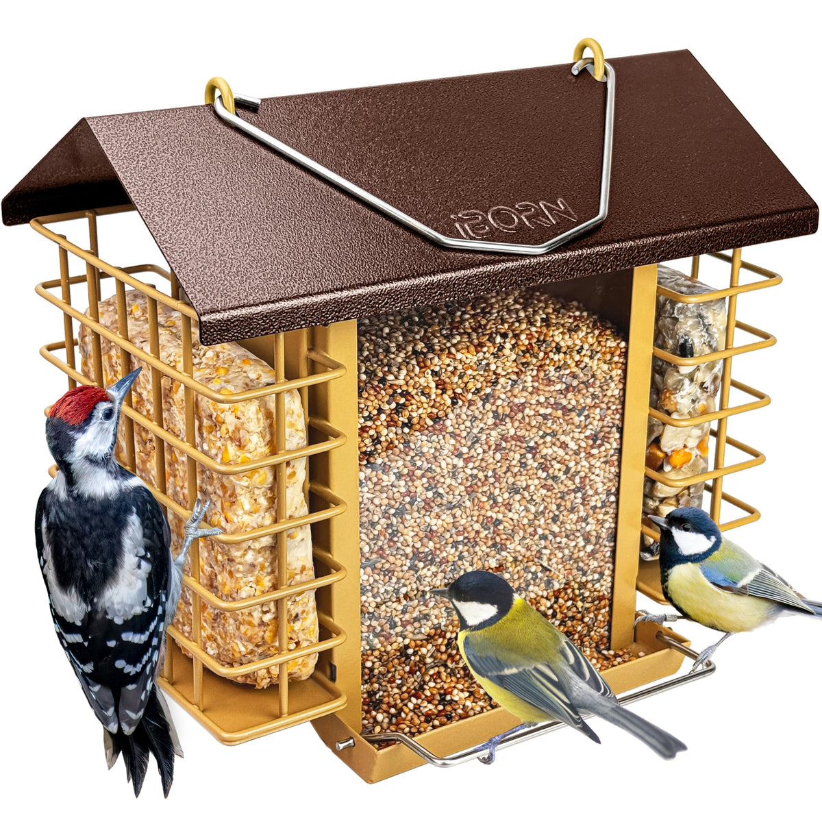 iBorn bird feeder with coffee roof protects seeds in all weather for year-round birds