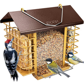 iBorn bird feeder with coffee roof protects seeds in all weather for year-round birds