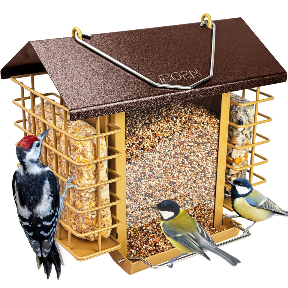 iBorn bird feeder with coffee roof protects seeds in all weather for year-round birds