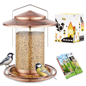 iBorn brushed copper 6-port bird feeder, hanging outdoors, attracts cardinals.