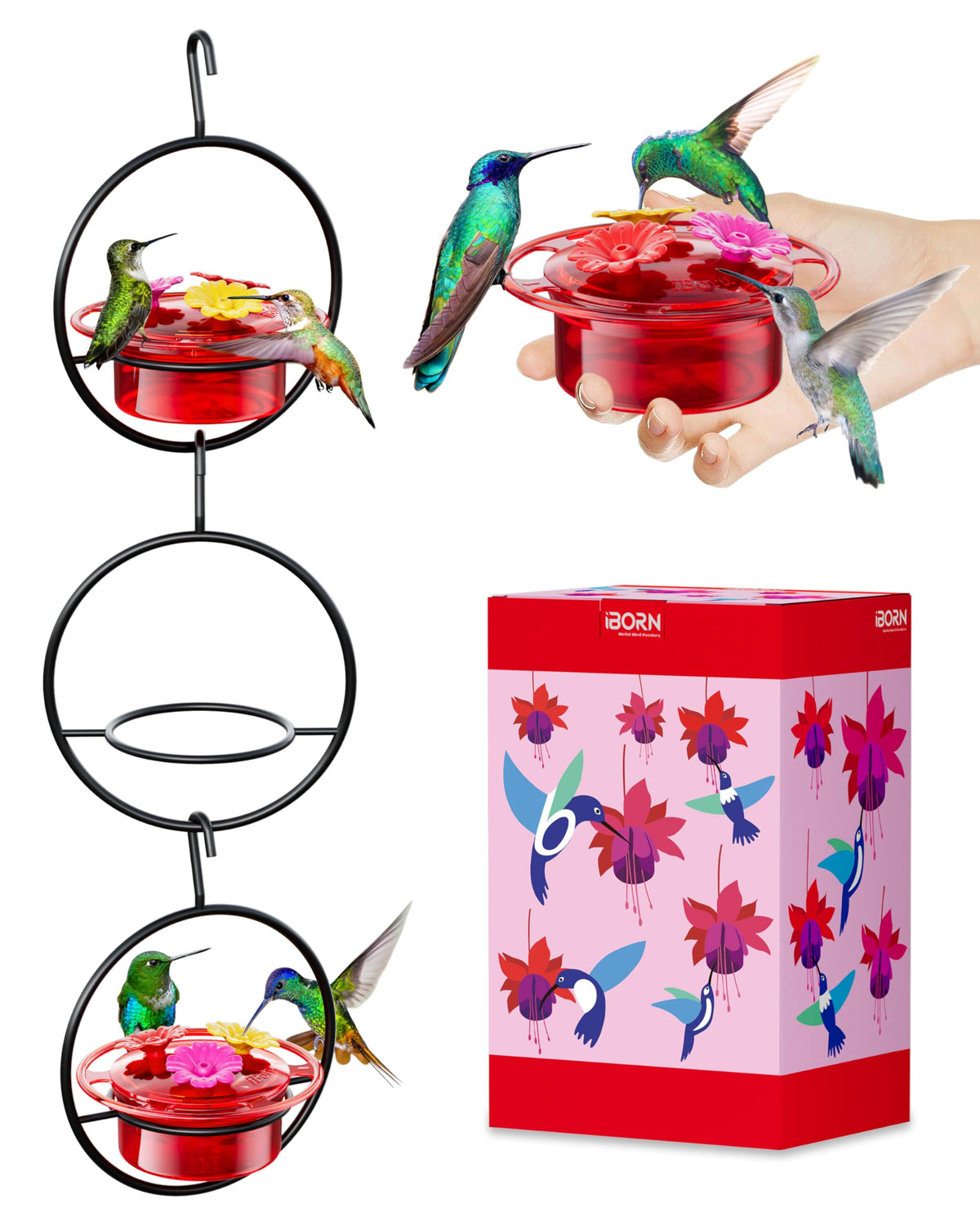 iBorn circular hanging hummingbird feeder with 360° perch attracts multiple birds