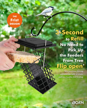 Sturdy fixed stainless steel hanger on iBorn suet feeder.