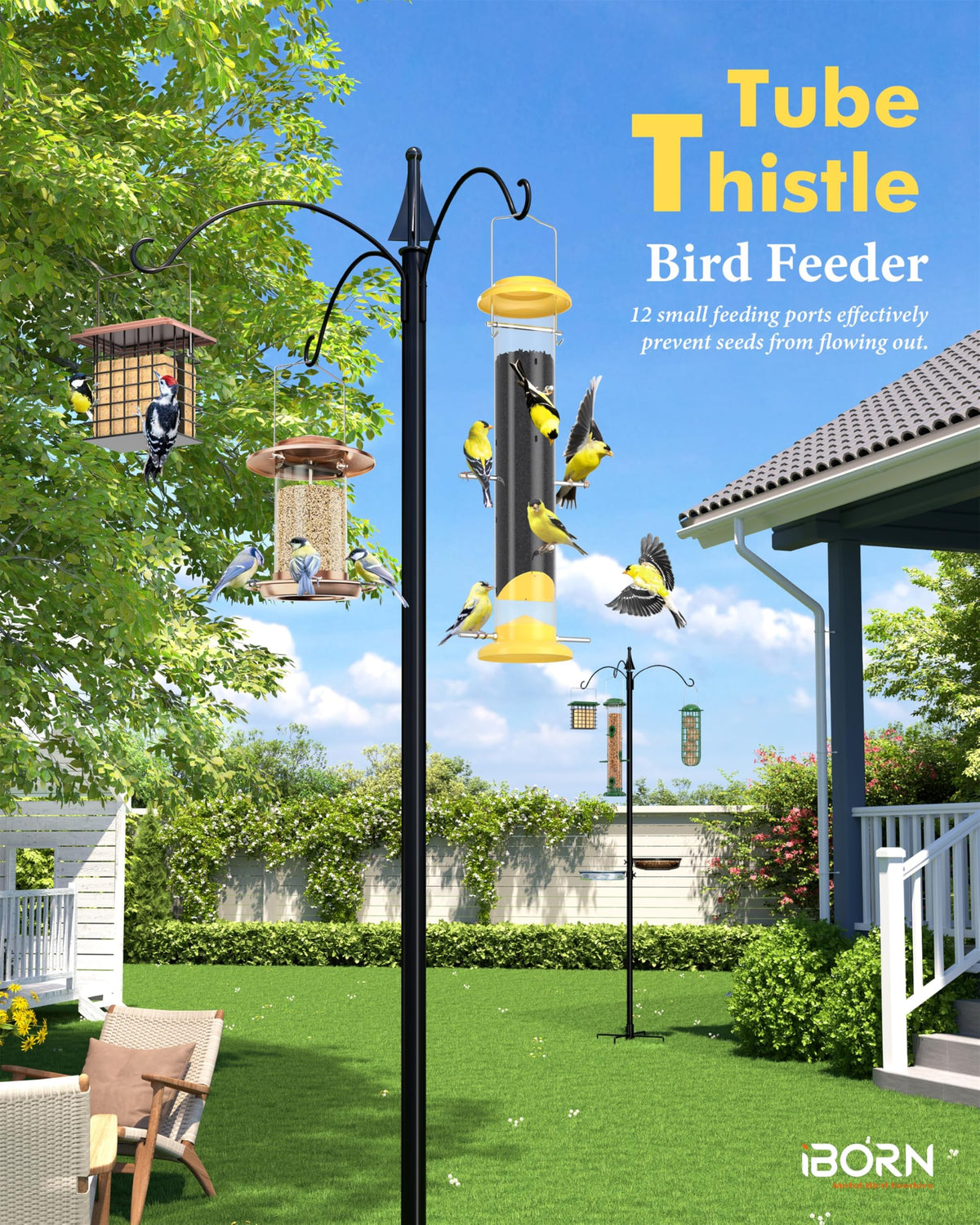 iBorn Finch Feeder yellow top lid open for easy refills and quick cleaning.