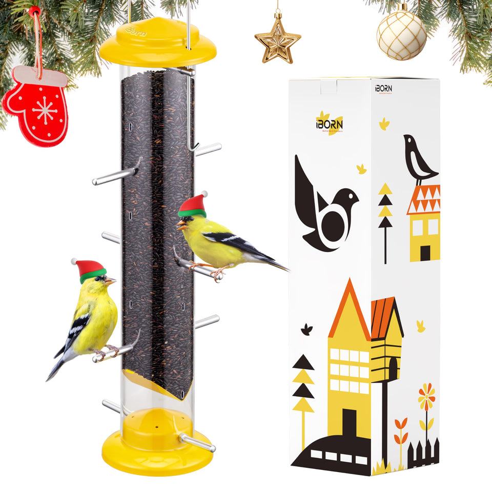 iBorn Finch Feeders outdoor yellow bottom view shows sturdy metal construction for year-round feeding.