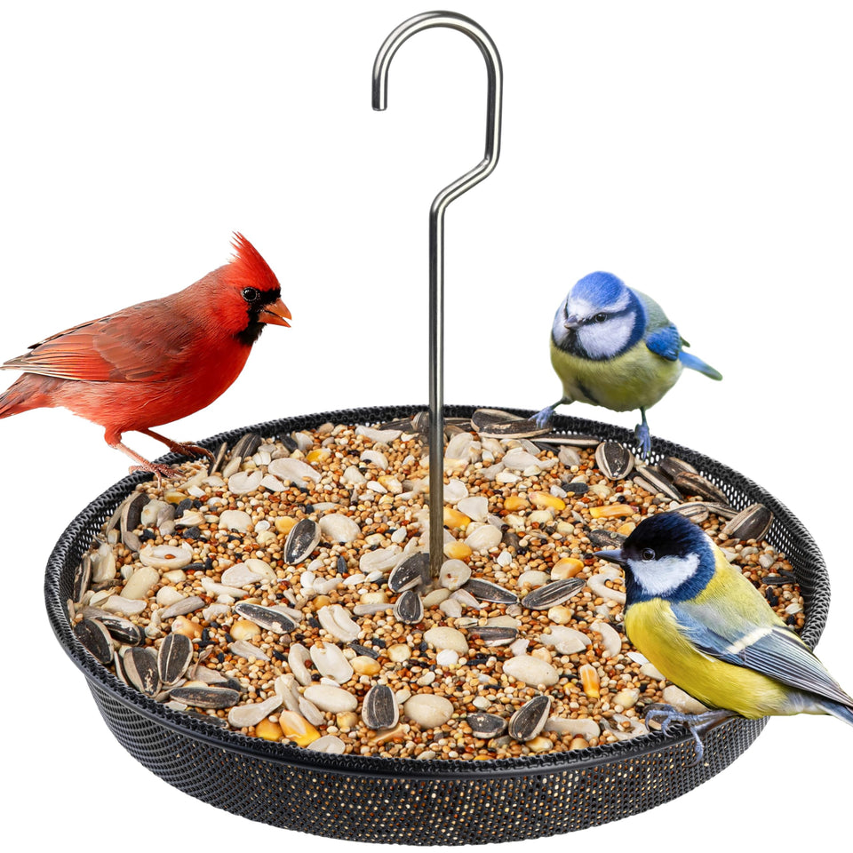 iBorn Hanging Bird Feeder Tray with Thick Metal Hanger for stable outdoor use.