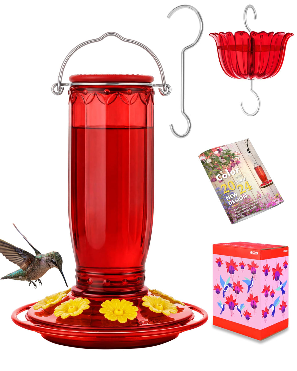 iBorn hummingbird feeder with red glass and 8 ports for outdoor nectar feeding