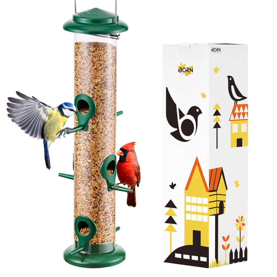 iBorn metal bird feeder with six ports hanging in the garden for multiple birds