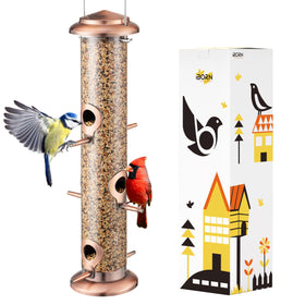 Iborn metal bird feeder with brushed copper finish and six ports for multiple birds.