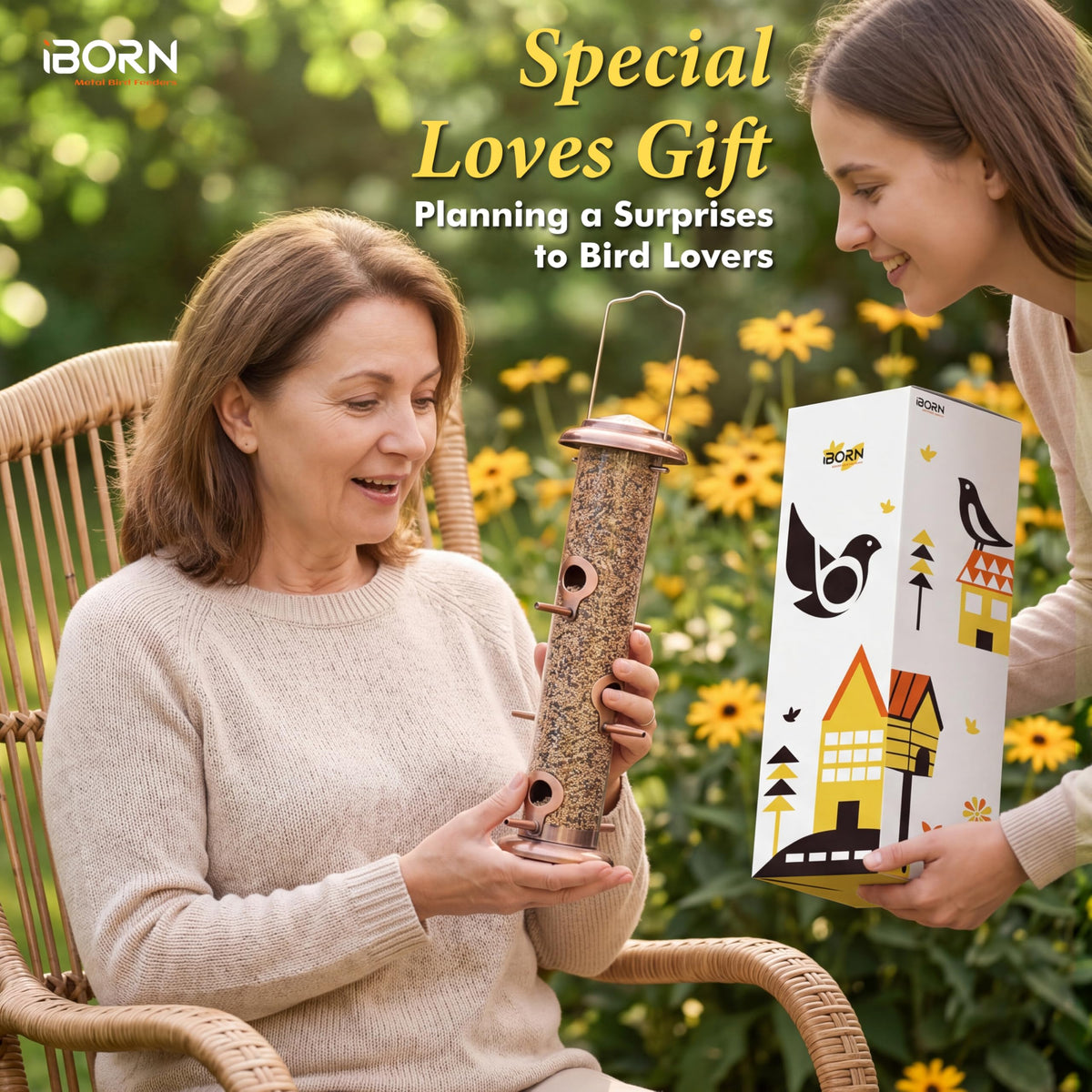 Iborn outdoor hanging feeder in brushed copper attracts a variety of birds.