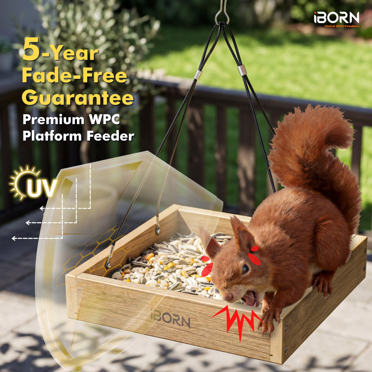 iBorn Platform Bird Feeder Tray cedar-look color remains vibrant.
