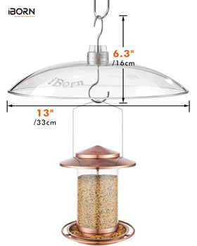 iBorn rain guard on a feeder with chew-proof polycarbonate for durability.