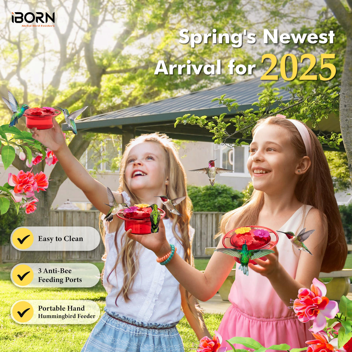 iBorn silicone flower hummingbird feeder with soft, inviting nectar ports.