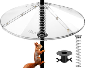 iBorn Spring Squirrel Baffle overview showing oversized shield deterring squirrels from feeders