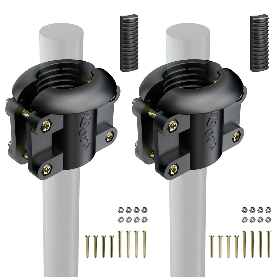 IBORN squirrel-baffle-bracket securely mounted on a bird feeder pole for added stability.