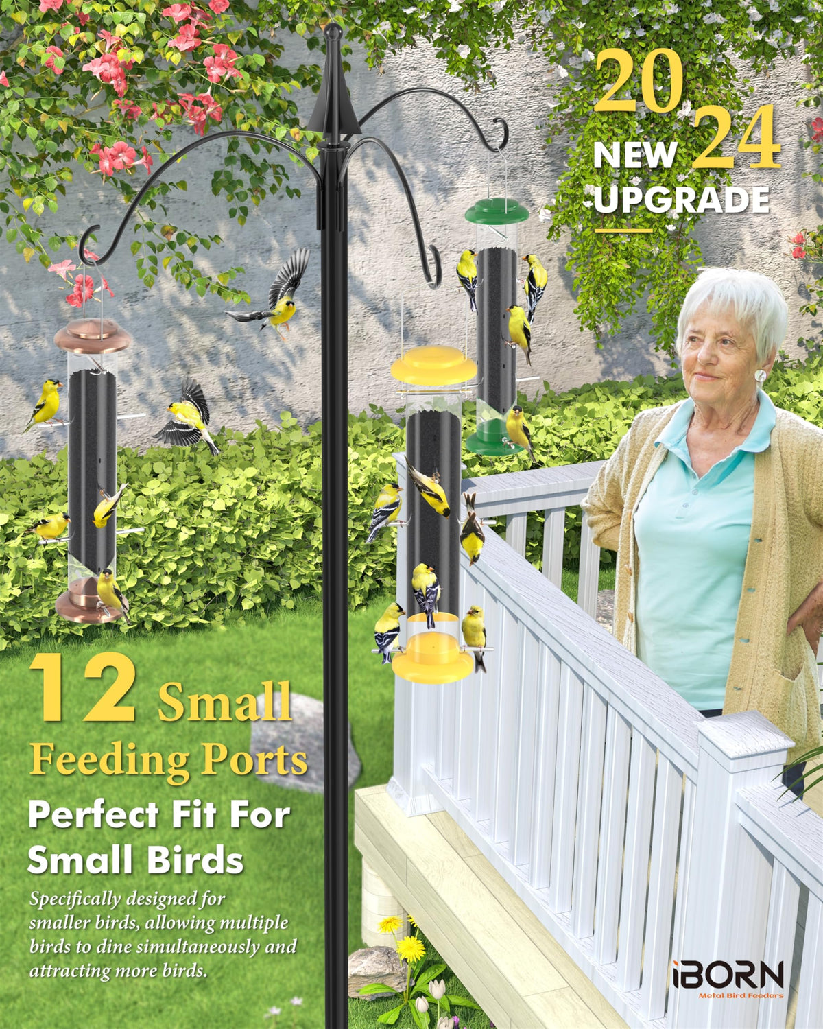 iBorn thistle seed tube feeder with multiple ports attracts diverse songbirds.