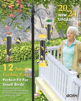 iBorn thistle seed tube feeder with multiple ports attracts diverse songbirds.