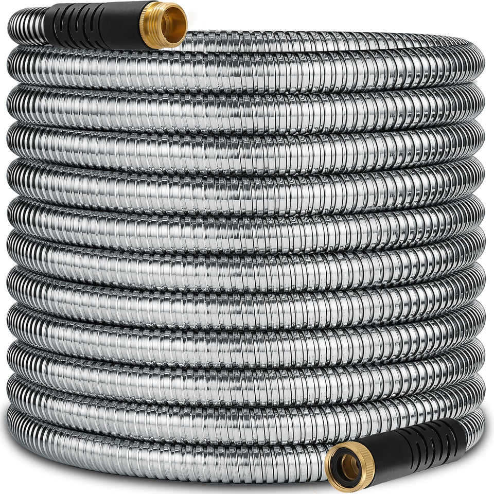 IBXFO 150 ft stainless steel garden hose outer shell demonstrating durable construction for tough outdoor tasks.