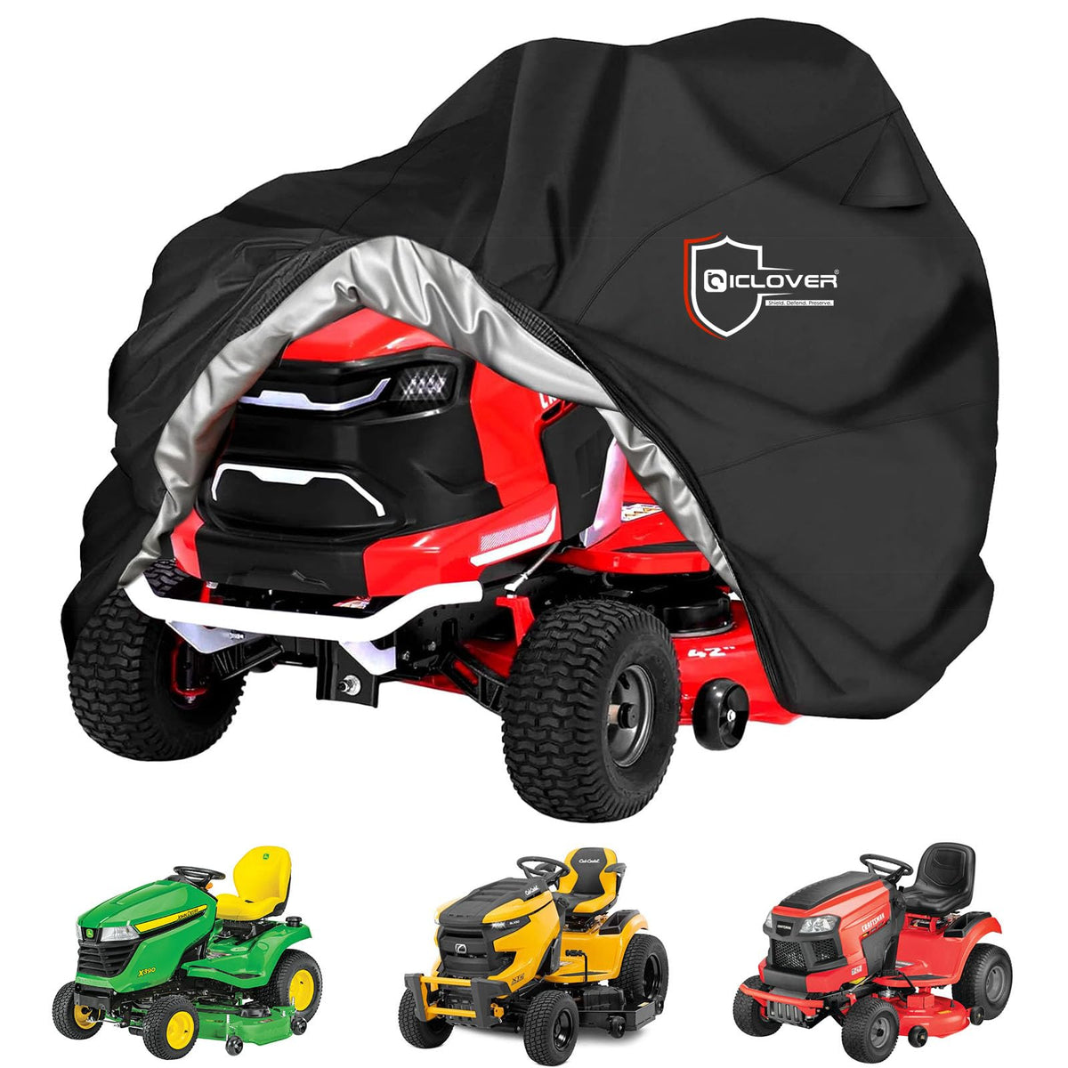 IC ICLOVER riding lawn mower cover fits universally, protecting the deck from dust.