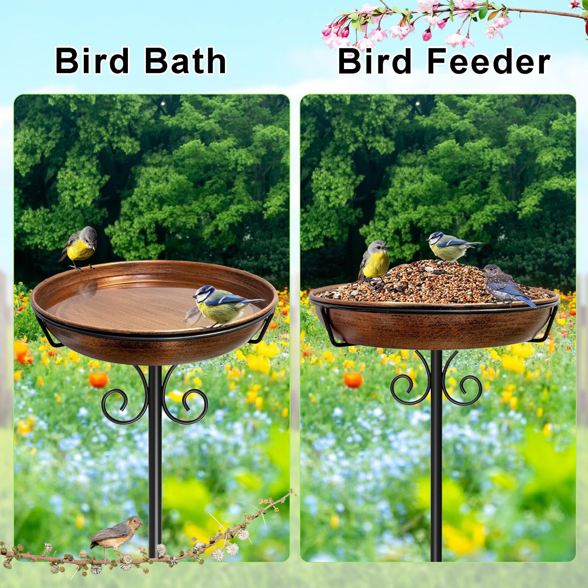 iCHKED 38In bird bath with solar-powered fountain-ready bowl attracts lively visitors.