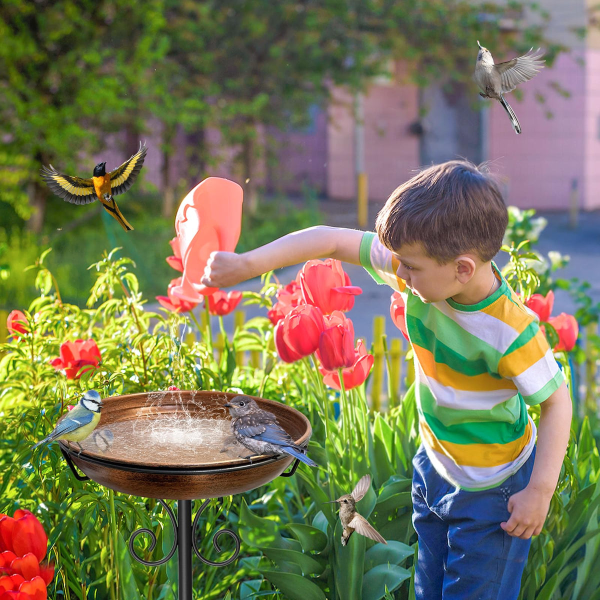 iCHKED 38In metal stake for stability keeps the birdbath steady on windy days.