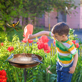 iCHKED 38In metal stake for stability keeps the birdbath steady on windy days.
