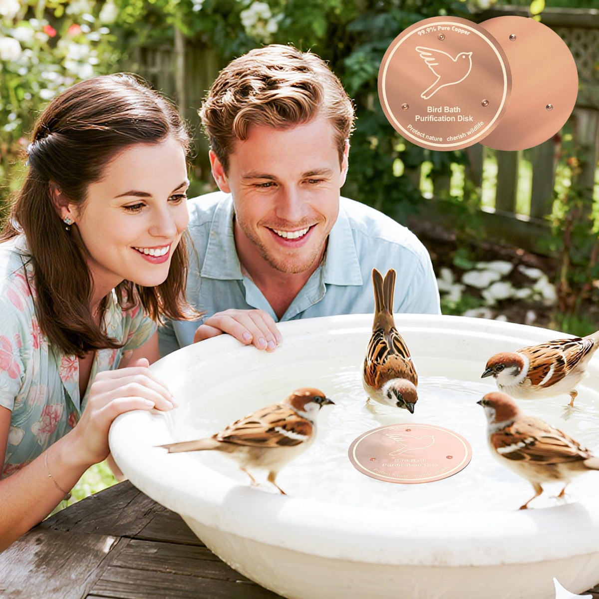 iCHKED copper disk, 0-6mm thick, stabilizes in outdoor birdbaths for durable purification.