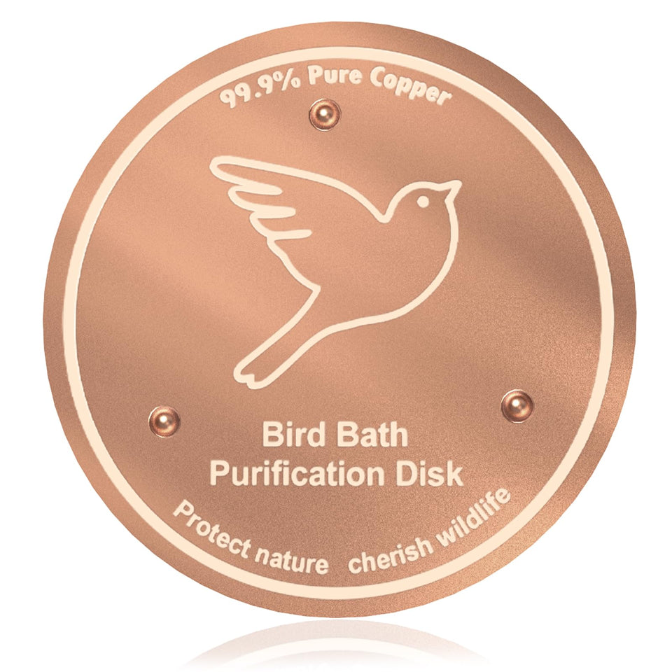 iCHKED copper disk in a birdbath, showing 99.9% purity for clean water.