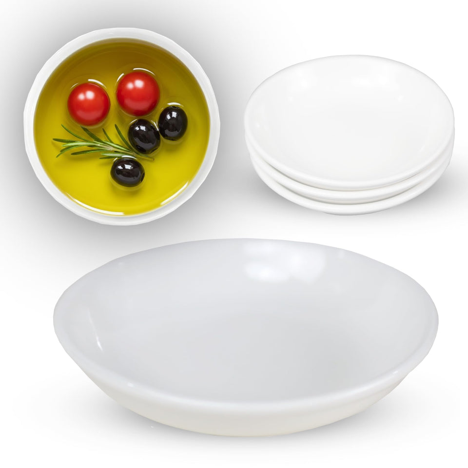 Iconikal dipping dish 4-inch round white for sauces and appetizers at gatherings.
