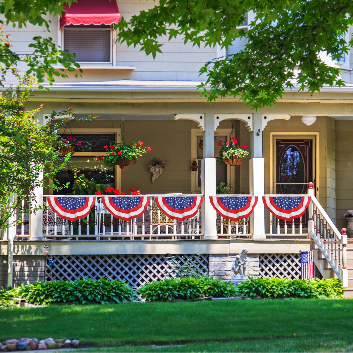 Iconikal patriotic bunting hangs easily with grommets for quick porch or fence setup.
