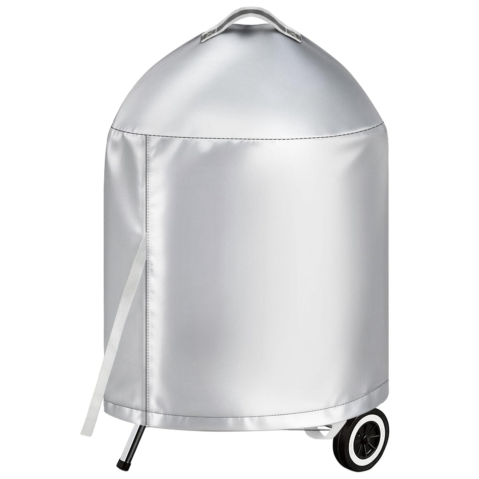 iCOVER grill cover on the Weber 22-inch kettle shields from rain and sun.