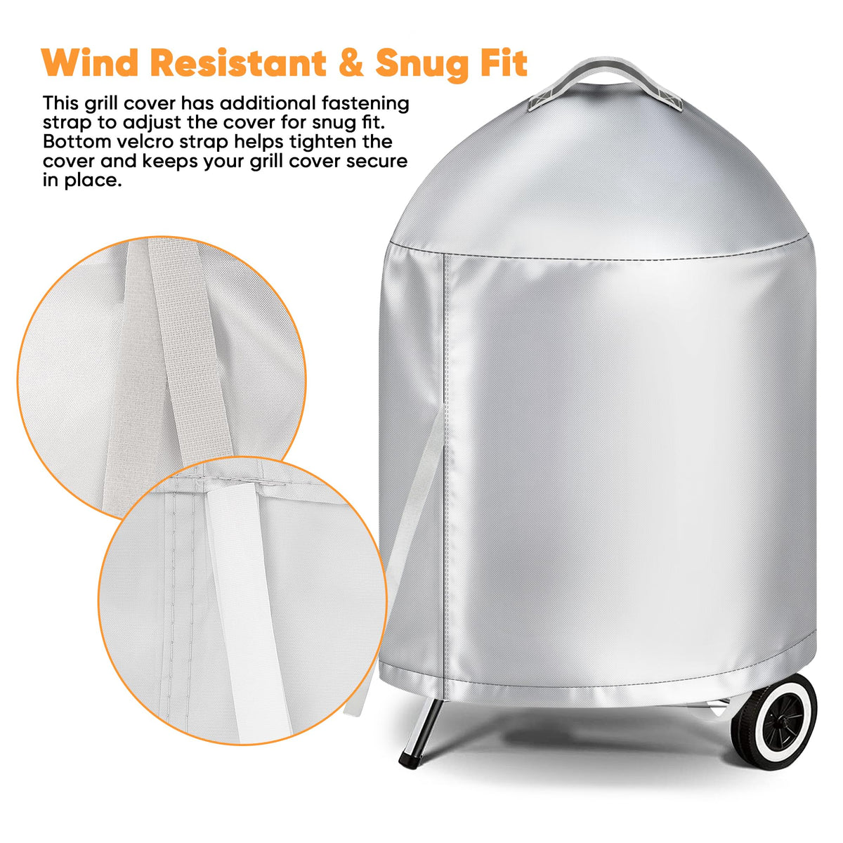 iCOVER Weber 22-inch kettle cover shows snug fit with bottom Velcro strap.