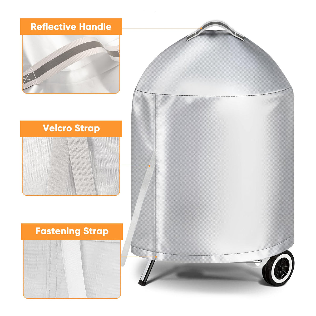iCOVER Weber 22-inch kettle cover with wind-resistant fastening strap secured.