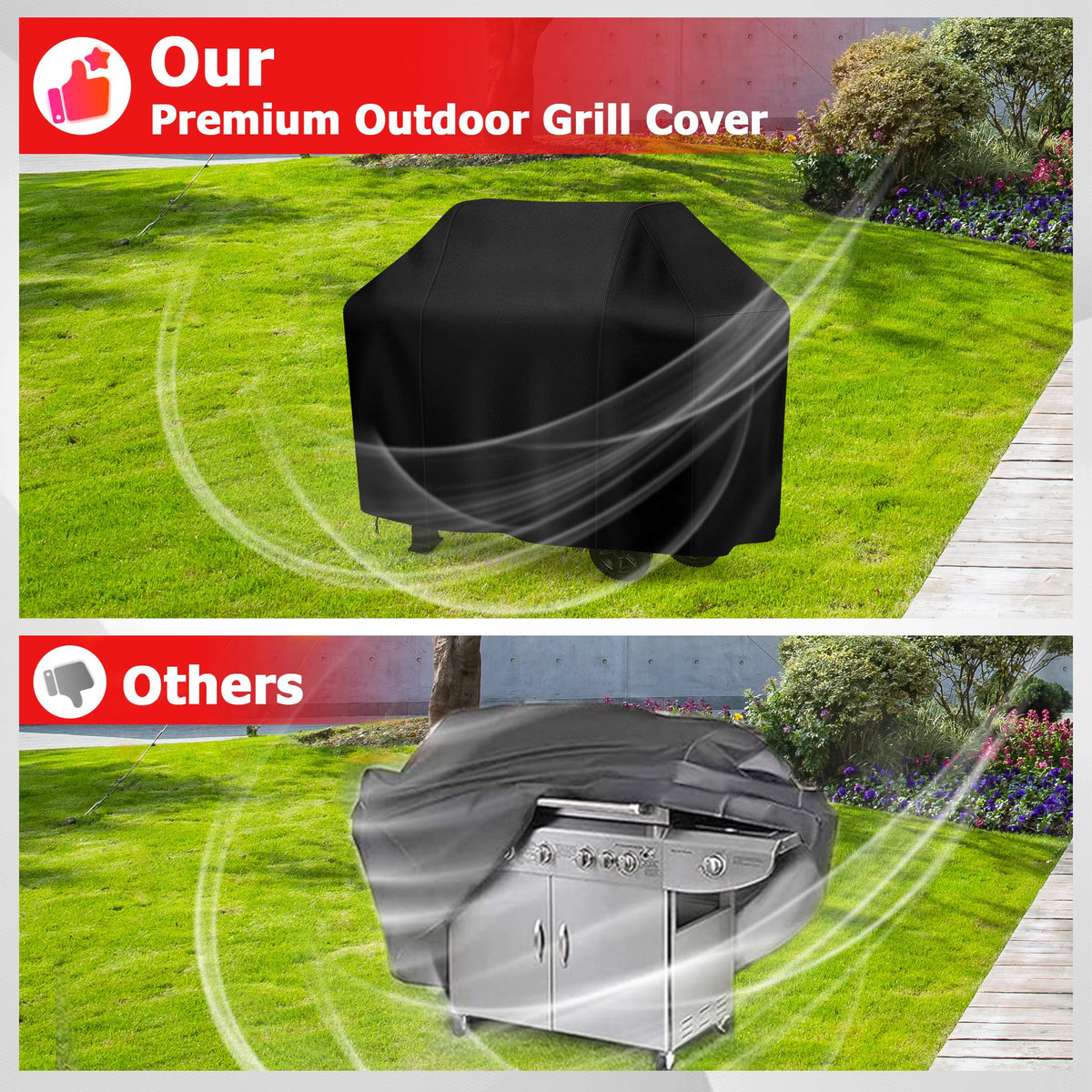 iCOVER outdoor grill cover designed for windy outdoor use.