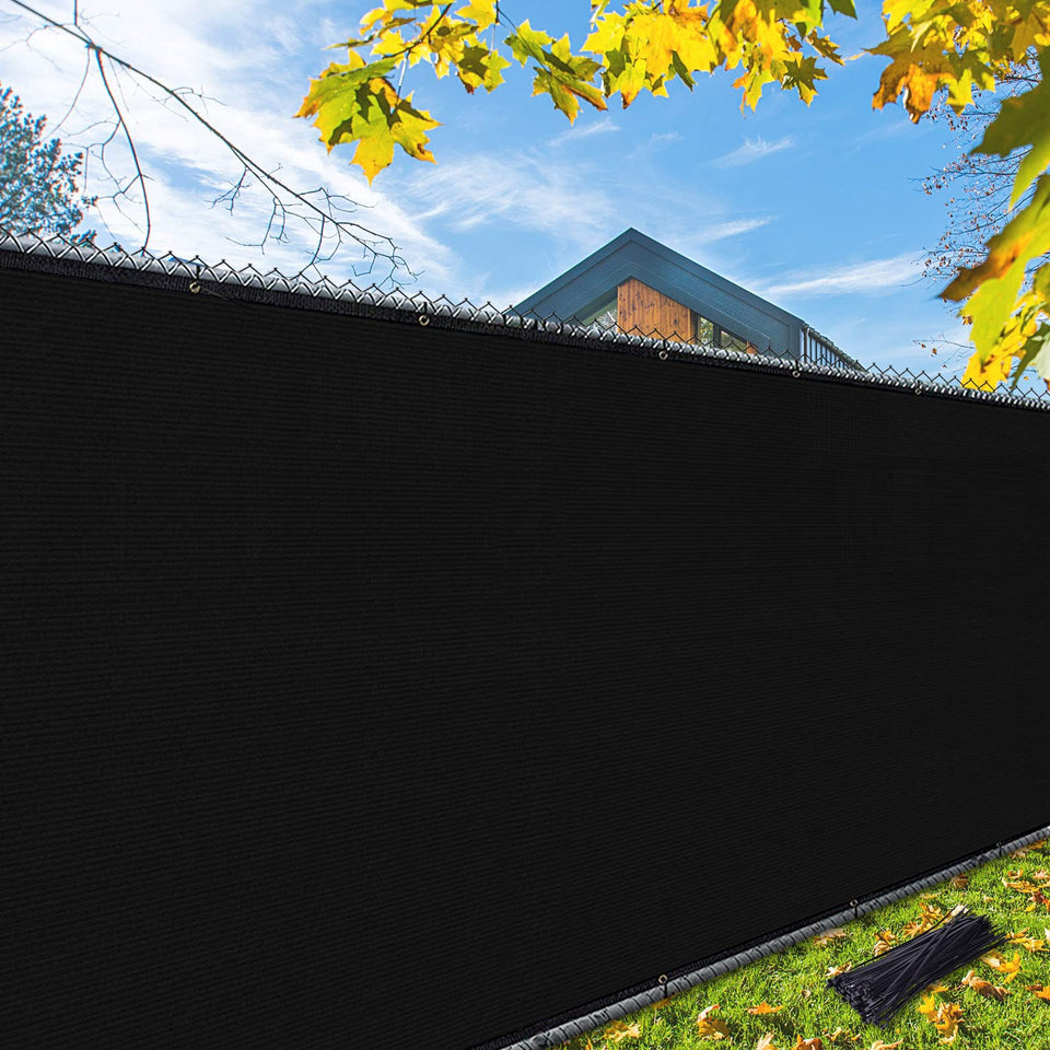 iCover privacy screen on a fence showing 6x50ft coverage and airflow