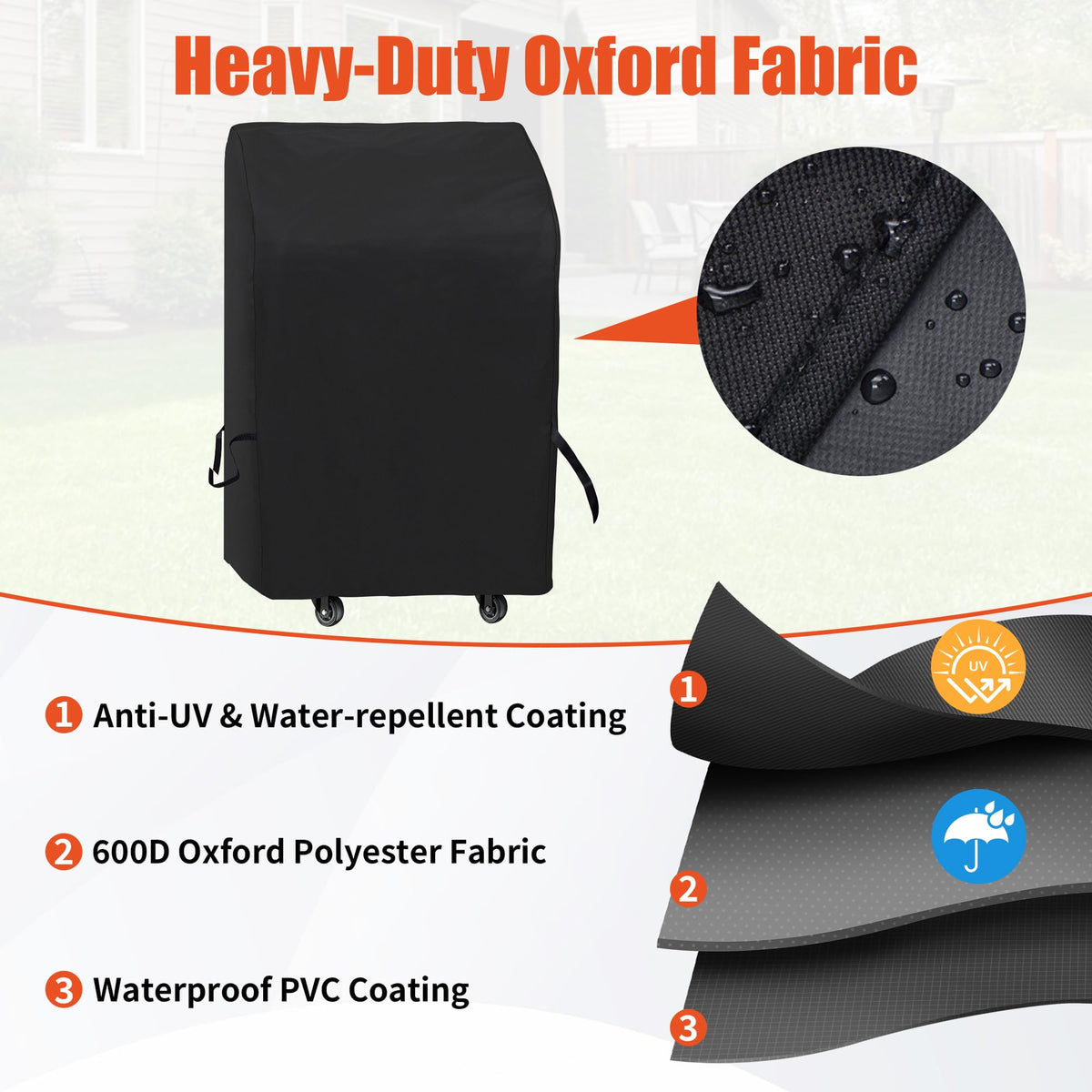 Water-repellent fabric protects grills from moisture and spills.