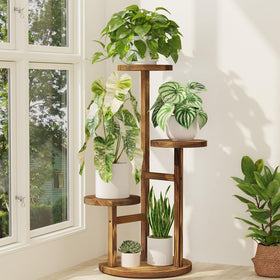 iDavosic.ly 3-tier plant stand indoors shows sturdy pine construction for durable display