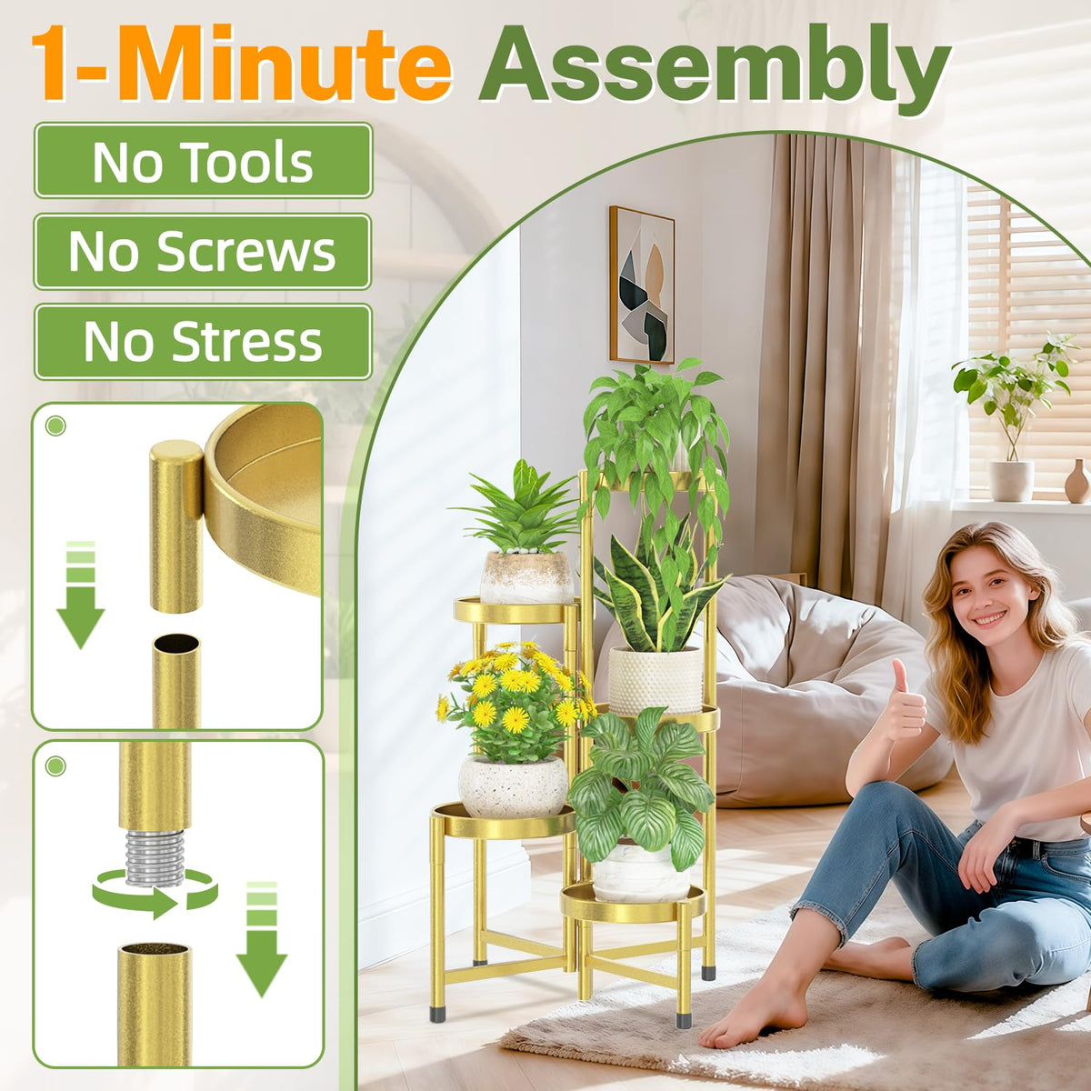 idavosic plant stand folding design shows adjustable center pole for versatile corner placement.